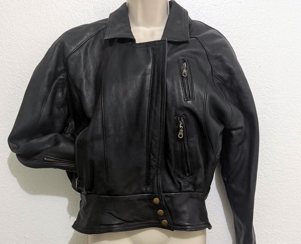 VTG 1990s UNIK Black Leather Moto Jacket, Removable Quilted Warmer, Size 8